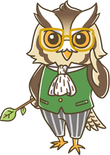眼鏡をかけ、右の羽で木の枝を持ち、左の羽を眼鏡に添えたコノハズク